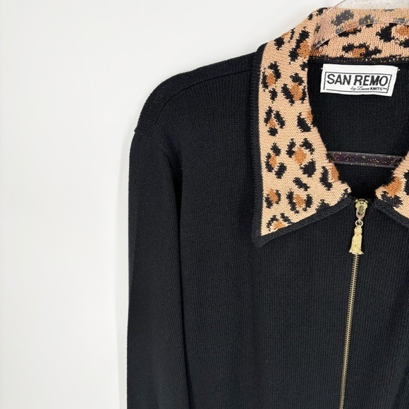 Vintage San‎ Remo by Laura Knits Leopard Print Trim Black Cardigan Size Medium - Picture 3 of 10